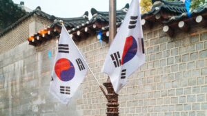 石垣の前に掲げられた2本の韓国国旗